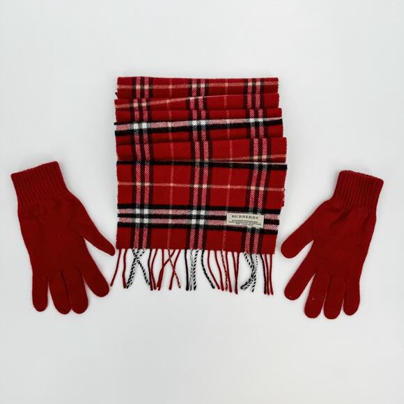 Burberry Scarf Cashmere Wool Red Check Plaid Winter Authentic Shawl Gloves Box - Picture 4 of 12